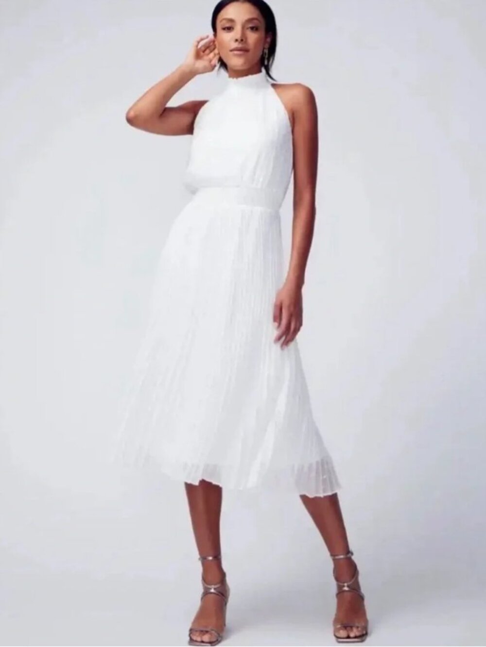 WHBM White & Silver Metallic Halter Smocked Waist Pleated Midi Dress Sz 6